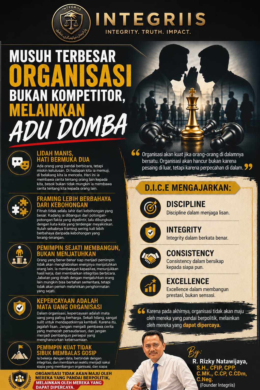 Masing-masing poin dalam akronim D.I.C.E yang dimaksud untuk menjaga keutuhan organisasi :